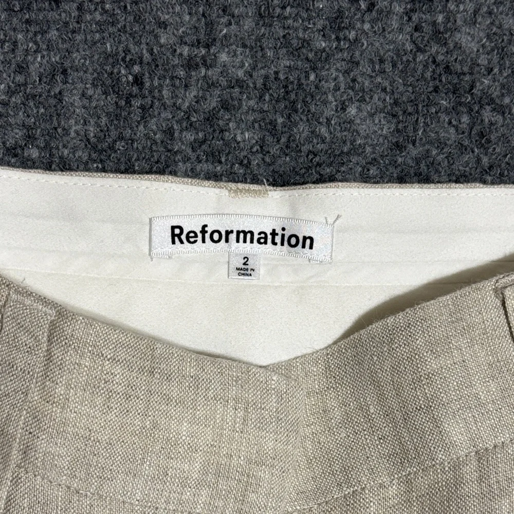 Reformation Linen Blend Trousers Cream Beige Tailored Straight Leg 2